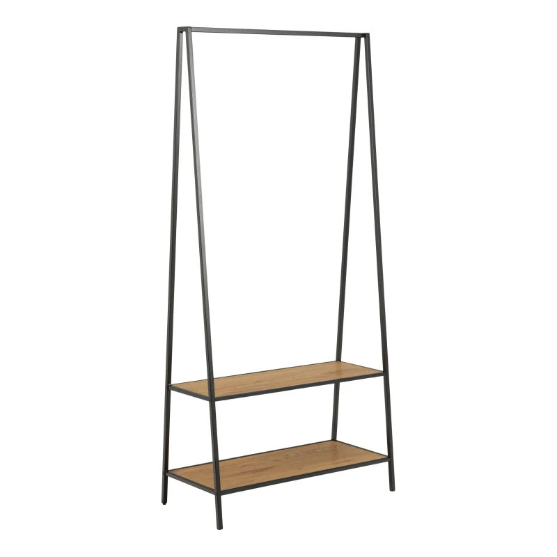 Image of Furniture To Go Seaford Black Metal Clothes Rack With 2 Oak Shelves