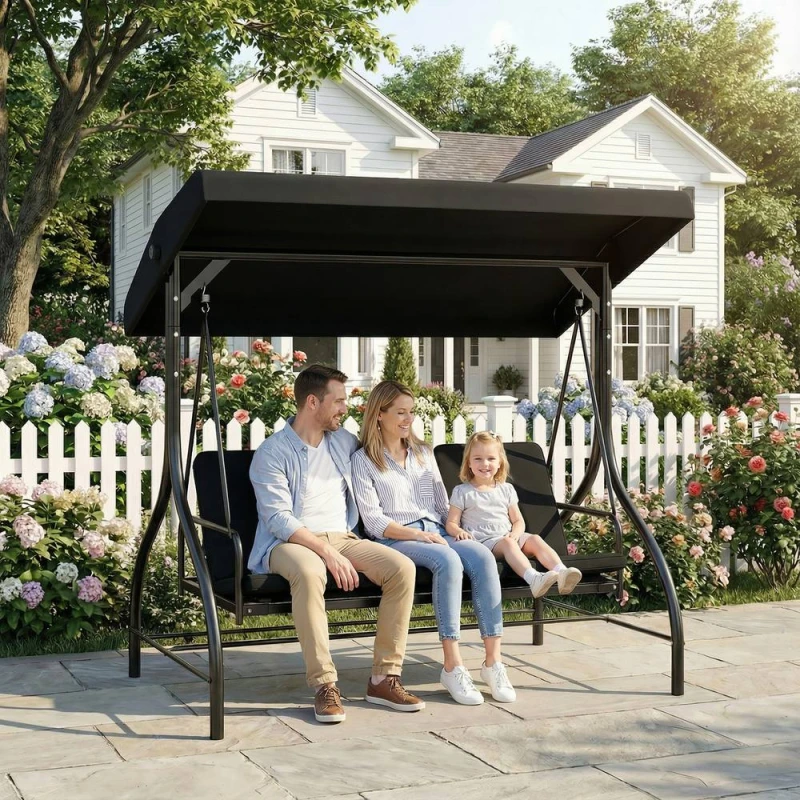 Image of Outsunny 3 Seater Canopy Swing Chair Porch Hammock Bed, Black