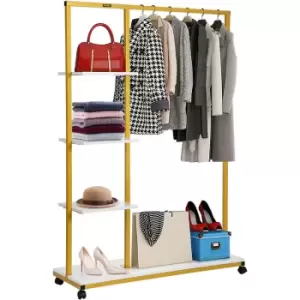 Image of Clothing Garment Rack,100 x 36 x 150 cm, Heavy-duty Clothes Rack w/ Bottom Shelf & Extra 3 Side Shelves, 4 Swivel Casters, Rolling Clothes Organizer