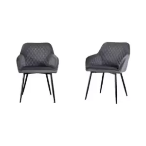 Image of Set of 2 Grey Velvet Dining Chairs Upholstered Seat Armrest with Metal Legs - grey