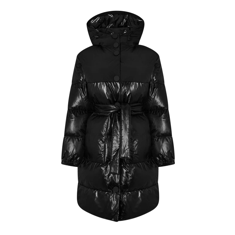 Image of Armani Exchange Womens Patent Fabric Hooded Long Sleeve Short Puffer Jacket Black female 12 (M)