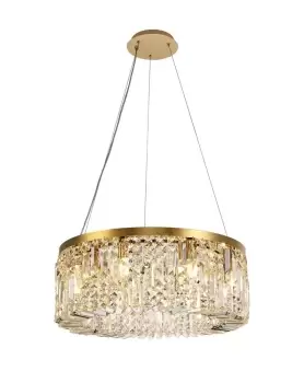 Image of Cylindrical 60cm Ceiling Pendant Chandelier, 8 Light E14, Gold, Crystal
