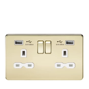 Image of KnightsBridge 13A 2G switched socket with dual USB charger A + A (2.4A) - Polished brass with white insert