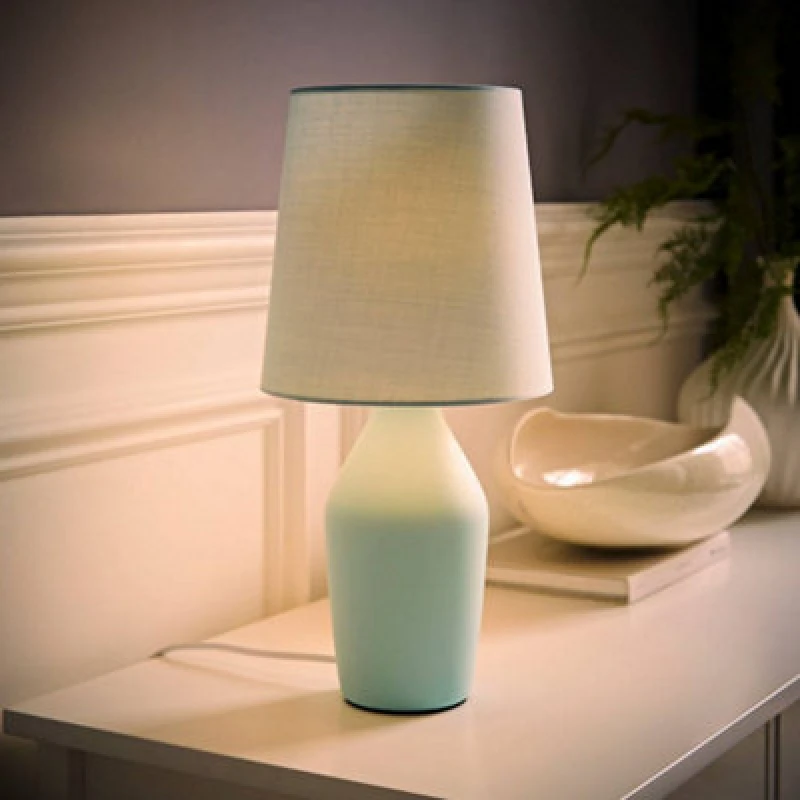 Image of ValueLights Arlo Compact Ceramic Table Lamp with Fabric Shade with LED Bulb Blue