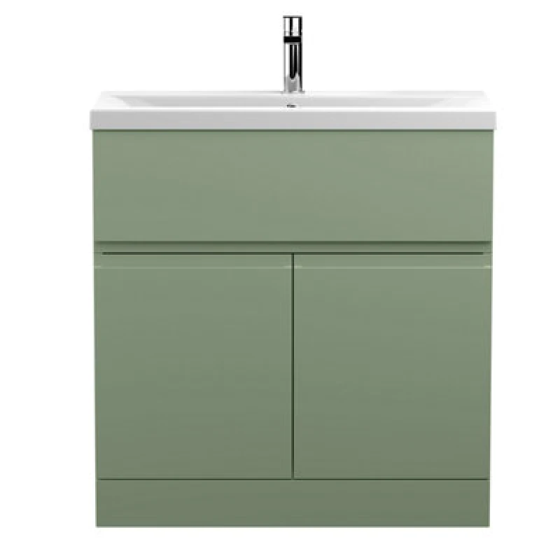 Image of Hudson Reed Urban Floor Standing 2 Door 1 Drawer Vanity Unit With Mid-Edge Basin, Durable Modern Vanity Unit In Satin Green, 800mm