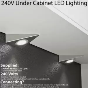 Image of 2x BRUSHED NICKEL Triangle Surface Under Cabinet Kitchen Light Kit - 240V Mains Powered - Natural White LED