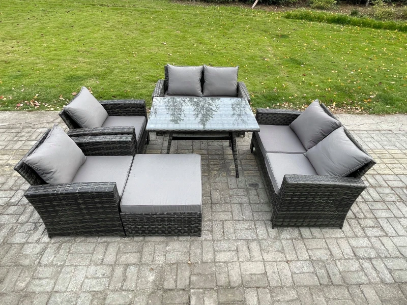 Image of Fimous Rattan Garden Furniture Set 7 Seater Patio Outdoor Lounge Sofa Set with Rectangular Dining Table Love Seat Sofa in Dark Grey Dark Grey Unisex
