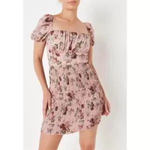Image of Missguided Floral Print Puff Sleeve Shirred Mini Dress - Pink