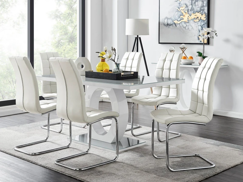Image of FurnitureboxUK FurnitureboxUK Giovani 6-Seater Grey Glass Dining Table and 6 Murano Faux Leather Dining Chairs in White White One Size Unisex 50565426