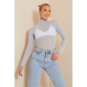 Image of I Saw It First Baby Blue Flocked Mesh Polka Dot Lettuce Hem High Neck Bodysuit - Blue