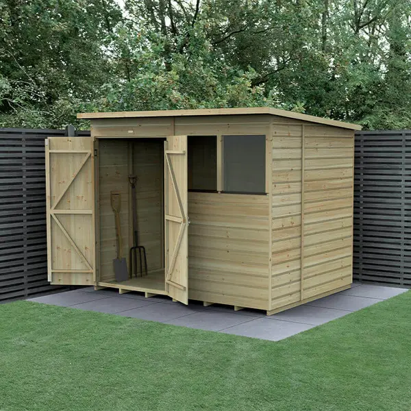 Image of 8' x 6' Forest Beckwood 25yr Guarantee Shiplap Pressure Treated Double Door Pent Wooden Shed (2.52m x 2.05m)