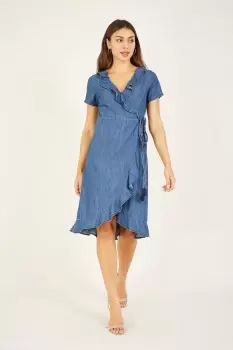 Image of Blue Cotton Denim Wrap Dress