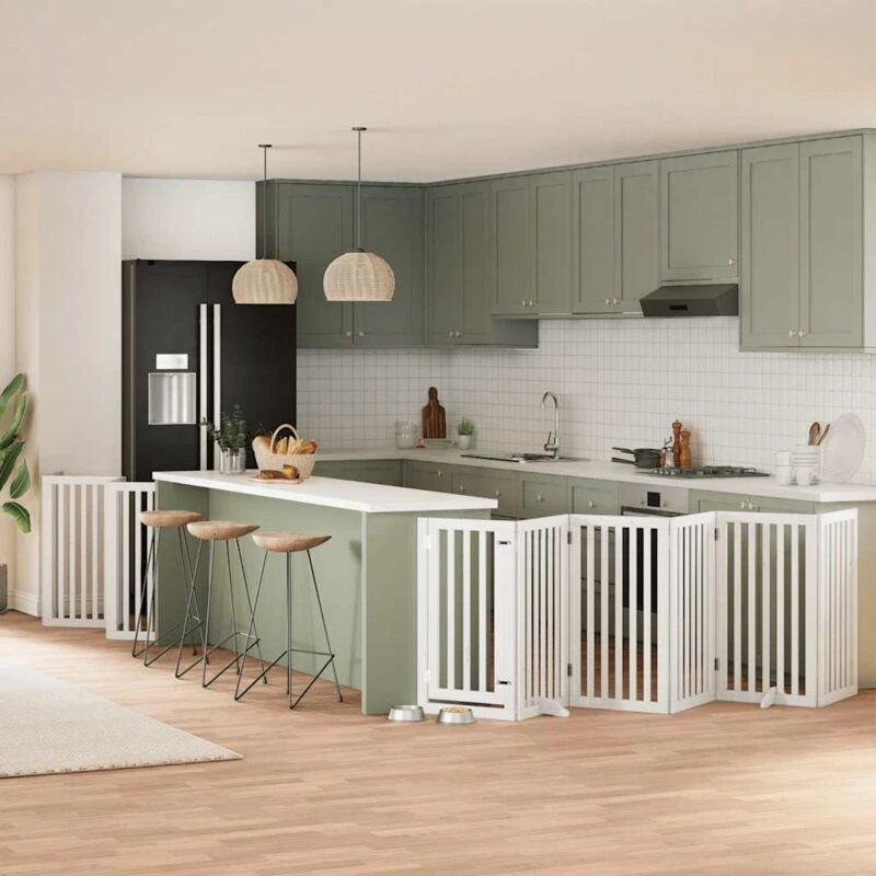 Image of vidaXL Dog Gate with Door Foldable 15 Panels White 750cm Poplar Wood, White 3155652