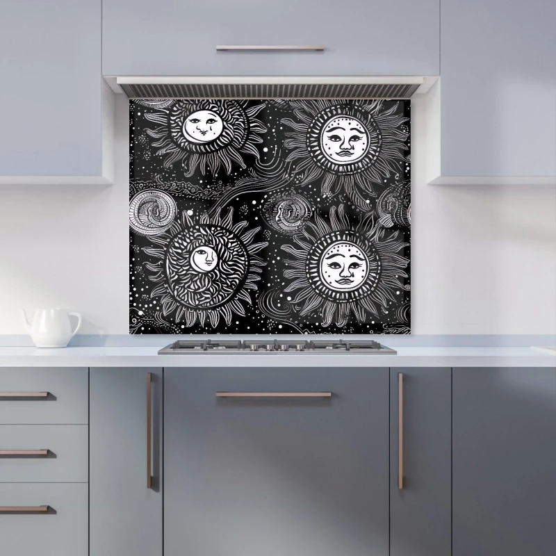 Image of Warren Reed - Designer Moon & Sun White Black Kitchen Splashback Size: 700mm x 650mm Black Unisex 700mm x 650mm