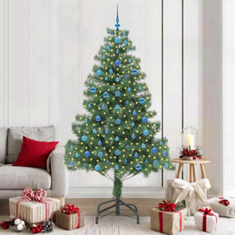 Image of vidaXL Christmas Tree with 300 LEDs with Stand, Blue Balls Green 210cm PVC, Green 3396396