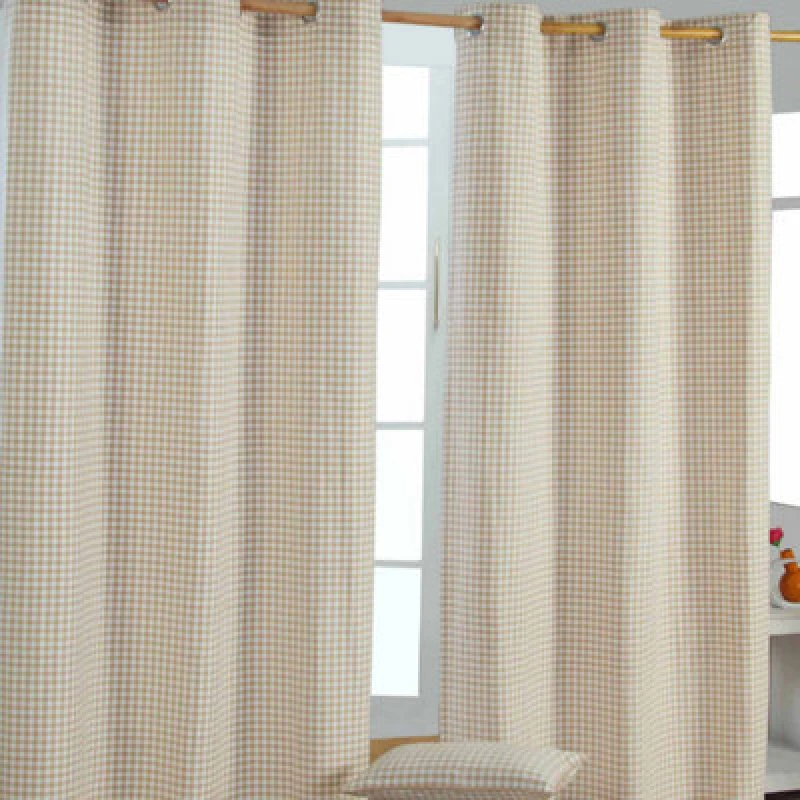 Image of Homescapes Beige Cotton Gingham Eyelet Curtains 137 X 182 Cm