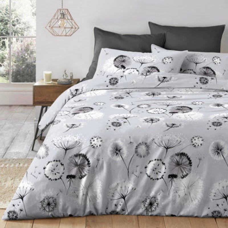 Image of Velosso Elegant Dandelion Printed Cotton Blend Duvet Cover Set, Chic Bedroom Decor With Soft Texture, Easy Care Material - Grey