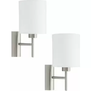 Image of 2 PACK Wall Light Colour Satin Nickel Shade White Fabric Rocker Switch E27 60W