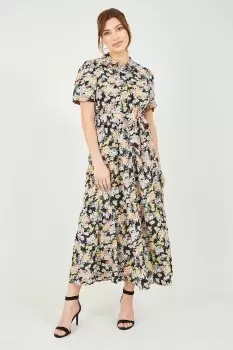 Image of Black Floral Shirt Collar Midi Dress