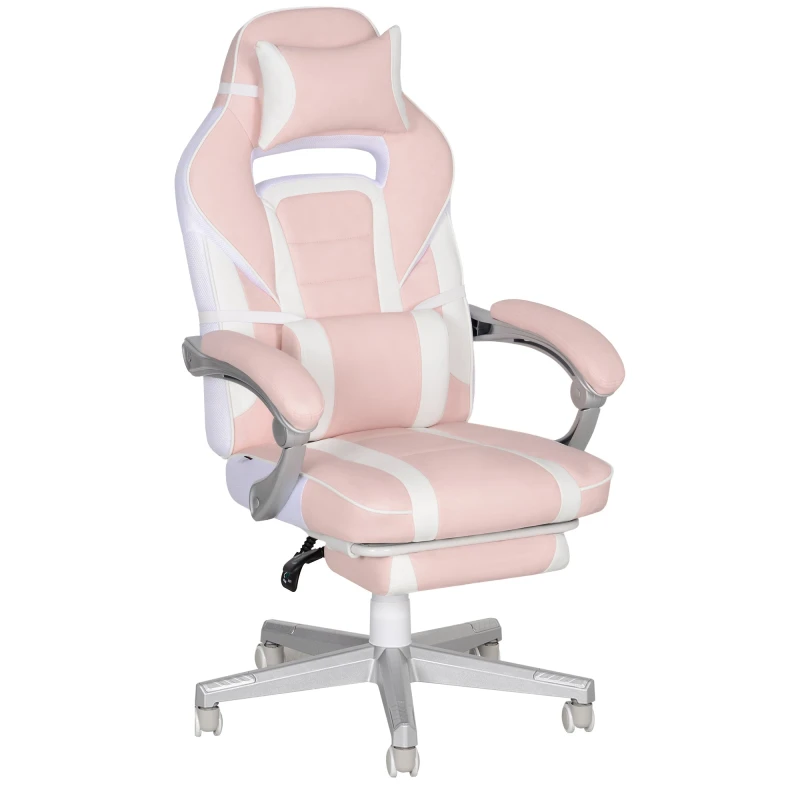 Image of HOMCOM PU Leather Gaming Chair with Footrest 150 Degree Reclining Back Pink