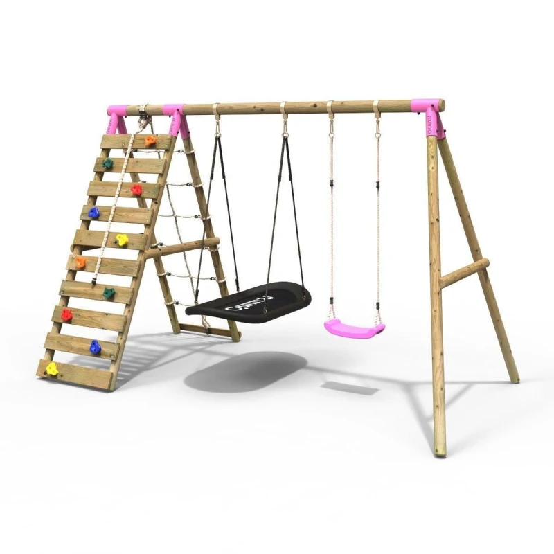 Image of Rebo Wooden Double Swing Set with Boat Swing and Climbing Wall - Sage Pink Pink