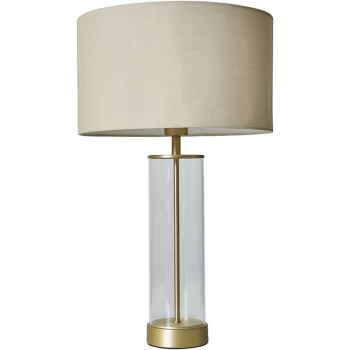 Image of Matt Gold & Clear Tube Table Lamp With Large Lampshade - Beige