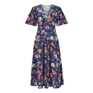Image of Yumi Navy Bird And Floral Print Midi Dress - Blue