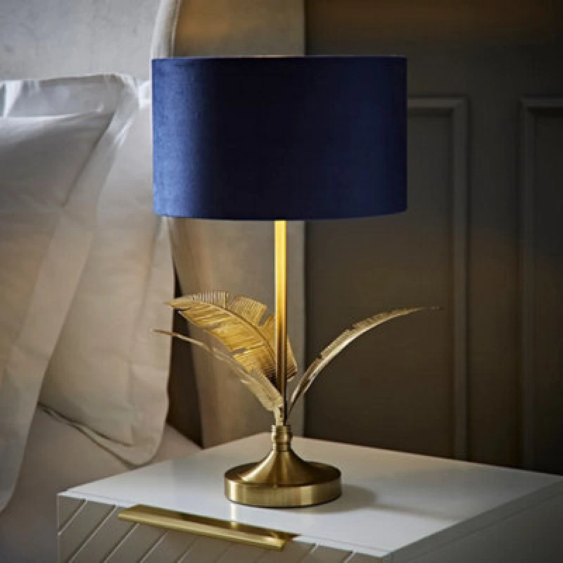 Image of ValueLights ValueLights Christina Velvet with Gold Metallic Inner Drum Shade Gold Palm Leaf Table Lamp in Navy Navy One Size Unisex 5059406065323