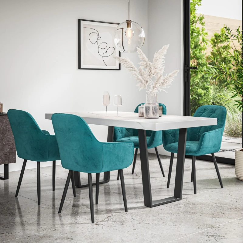 Image of More4Homes Aria Dining Table And Chairs - White Marble Effect Table Top W Black Legs + Anika Velvet Dining Chair Set Of 6 (Blue)