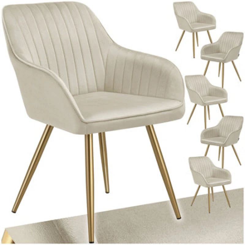 Image of Tectake Set Of 6 Dining Chair Marilyn - Quilted Velvet, Continuous Backrest, Gold Steel Legs - Cream/gold