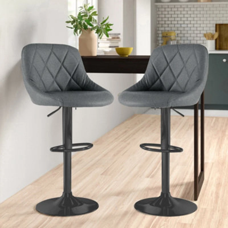 Image of Neo Set Of Two Madrid Dark Grey Fabric Adjustable Barstools Matt Black Legs