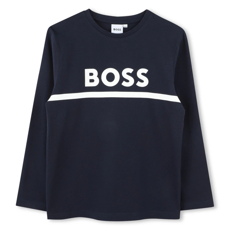 Image of Boss Kids Long-sleeve Large Logo Tee, Iconic Logo Print T-Shirt Navy 849 male 10 Yrs