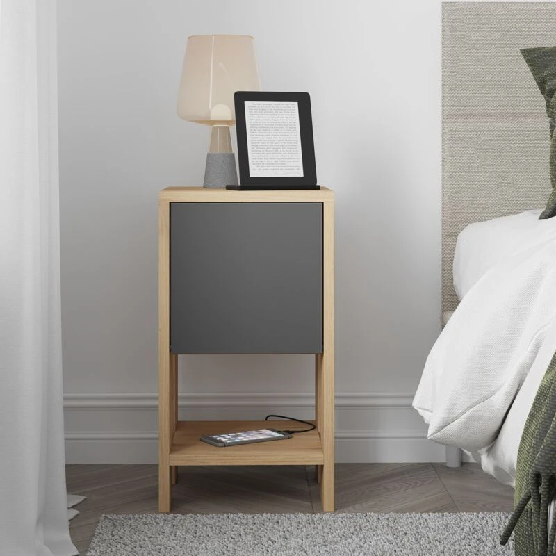 Image of DECORTIE Decortie - Ema Modern Bedside Table Oak Anthracite Grey 30cm Width Bedroom Furniture - Oak - Anthracite Grey M.KO.14163.5