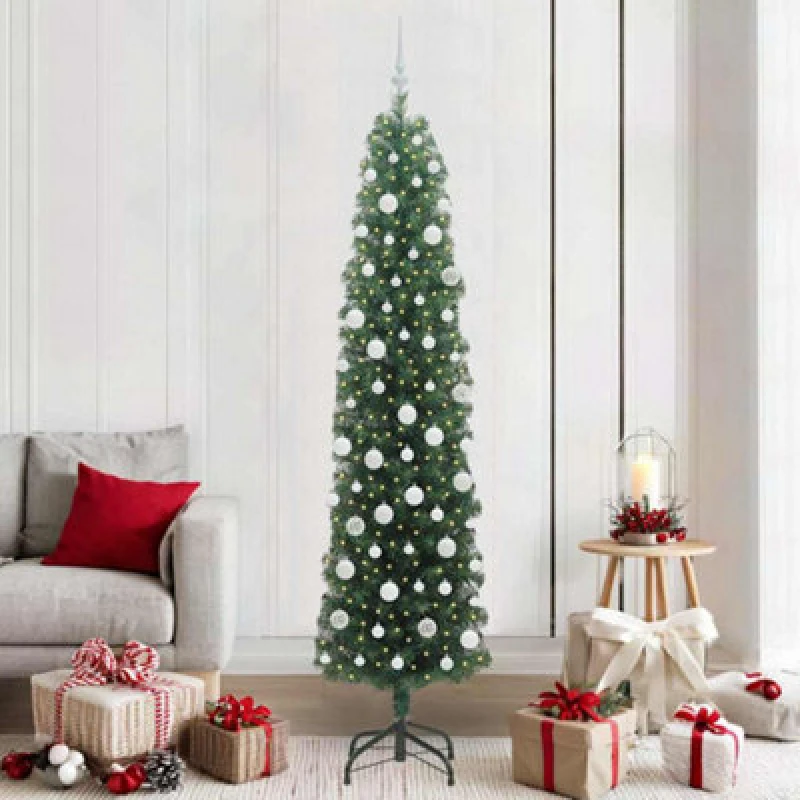 Image of vidaXL Artificial Christmas Tree with 300 LEDs, White Balls with Stand Green 210 x 55 cm, Green 3394959
