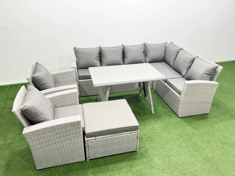 Image of Fimous 9 Seater Garden Outdoor Rattan Furniture Set Dining Table in Light Grey Light Grey Unisex