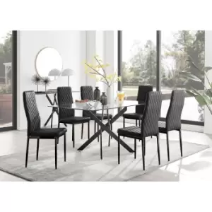 Image of Furniturebox UK - Furniturebox Leonardo 6 Black Leg Glass Dining Table and 6 Black Milan Velvet Dining Chairs With Black Legs Diamond Stitch Modern