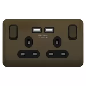 Image of Schneider Electric Lisse Screwless Deco - Switched Double Power Socket, Single Pole with USB Charging Ports, 13A, GGBL30202USBABMBS, Mocha Bronze with