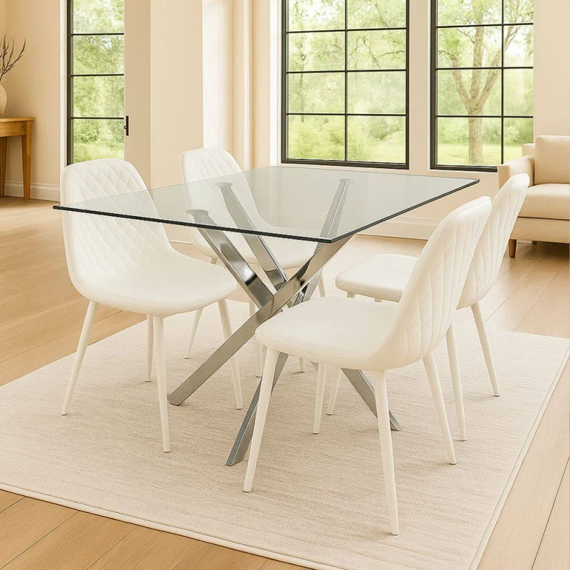 Image of KOSY KOALA Rectangle Glass Dining Table Set With 4 White Chairs White Unisex
