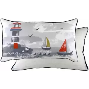 Image of Evans Lichfield - Nautical Lighthouse Print Piped Edge Cushion Cover, Multi, 30 x 50 Cm