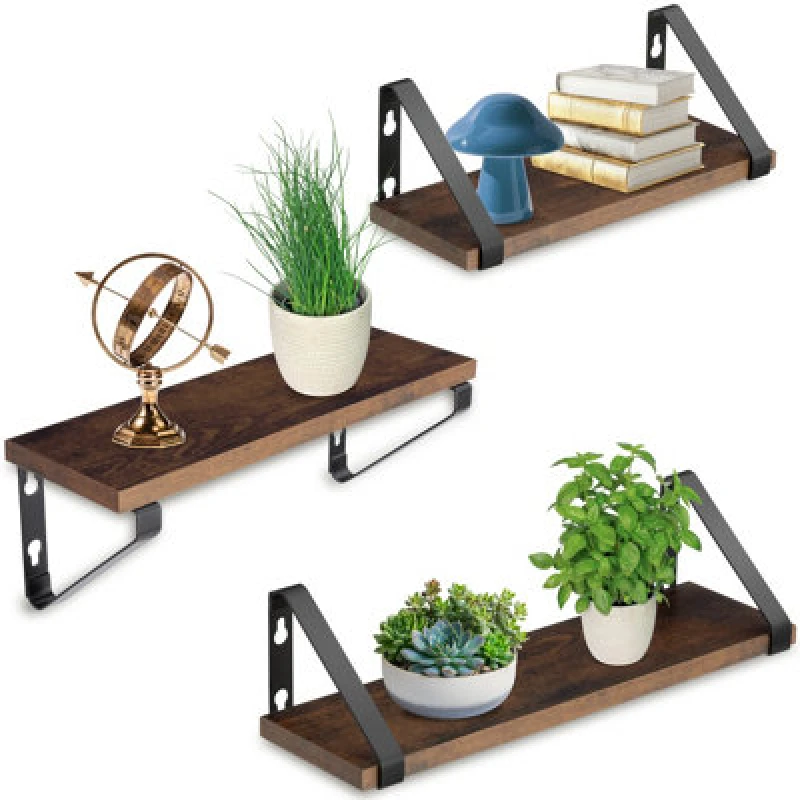 Image of Tectake Wall Shelves - Set Of 3, Decorative Metal Brackets, High Load-Capacity, 3 Widths Included - Industrial Wood Dark, Rustic