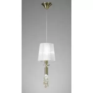 Image of Tiffany pendant light 1+1 E27+G9 bulb, antique brass with white lampshade & transparent crystal