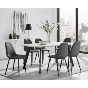 Image of Furniturebox Andria Black Leg Marble Effect Dining Table and 6 Black Corona Faux Leather Dining Chairs With Black Legs