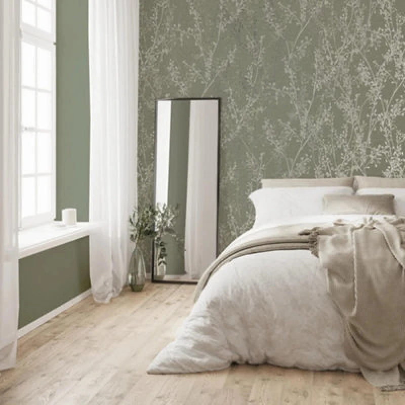Image of Boutique Breeze Sprig Floral Green Wallpaper Wallpaper One Size Green 42136515000