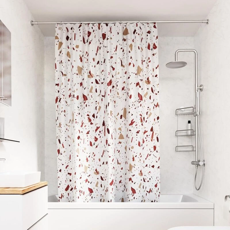 Image of Croydex Croydex Shower Curtain with Pink Terrazzo Design - 100% Polyester with a Weighted Hem, Machine Washable and coated with Proseal for Water Repe