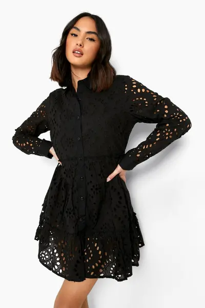 Image of boohoo Broderie Tiered Shirt Dress Black