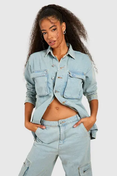 Image of boohoo Bleach Was Oversized Denim Shacket Bleached Blue