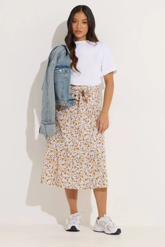 Image of PixieGirl Womens Petite Floral Belted Midi Skirt in Cream Size: 8 Cream Female 8