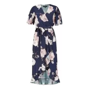 Image of Mela London Navy Rose Printed Wrap Effect Dress - Blue