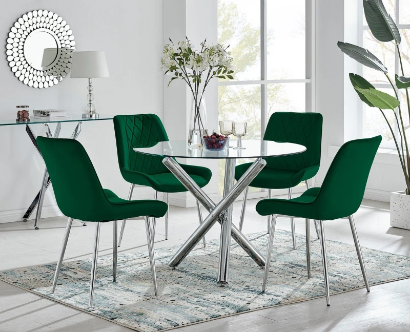Image of FurnitureboxUK FurnitureboxUK Selina Round Glass Chrome Leg Dining Table and Pesaro Silver Leg Chairs in Green Size: 4 Person Green 4 Person Unisex