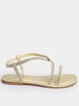 Image of Yours Extra Wide Fit Diamante Flat Strippy Sandal Gold, Size 6Eee, Women